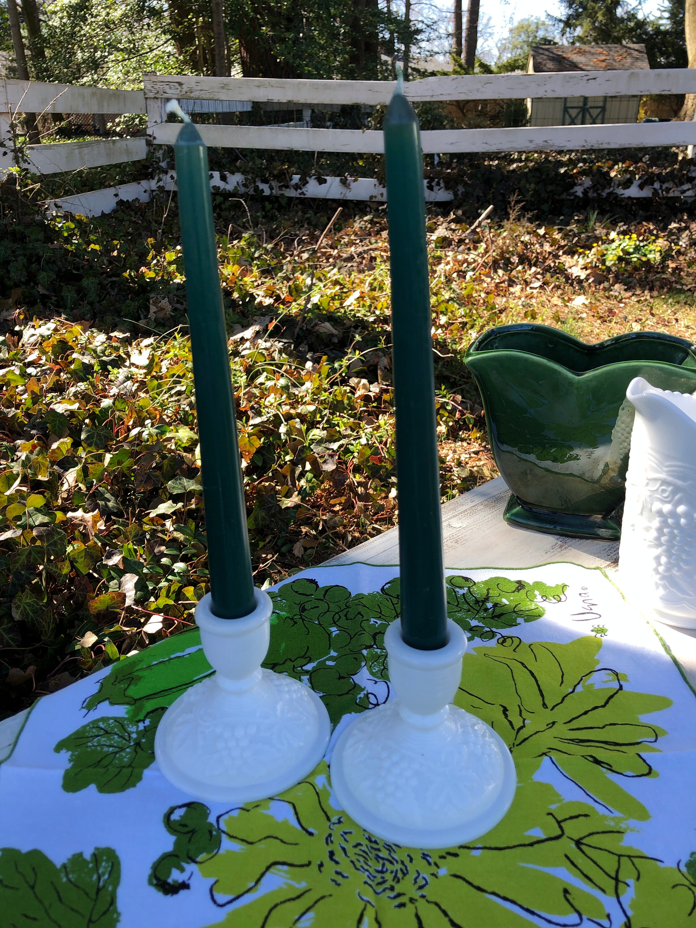 Vintage Milk Glass Candlesticks in Leaves and Grapes Pattern Pair of