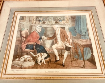 Antique Color Lithograph La Prise de Tabac by JJ Chalon