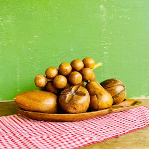 Mid Century MCM Wood Fruit with Bowl 1960s 1970s Decorative Wooden Fruit with Bowl