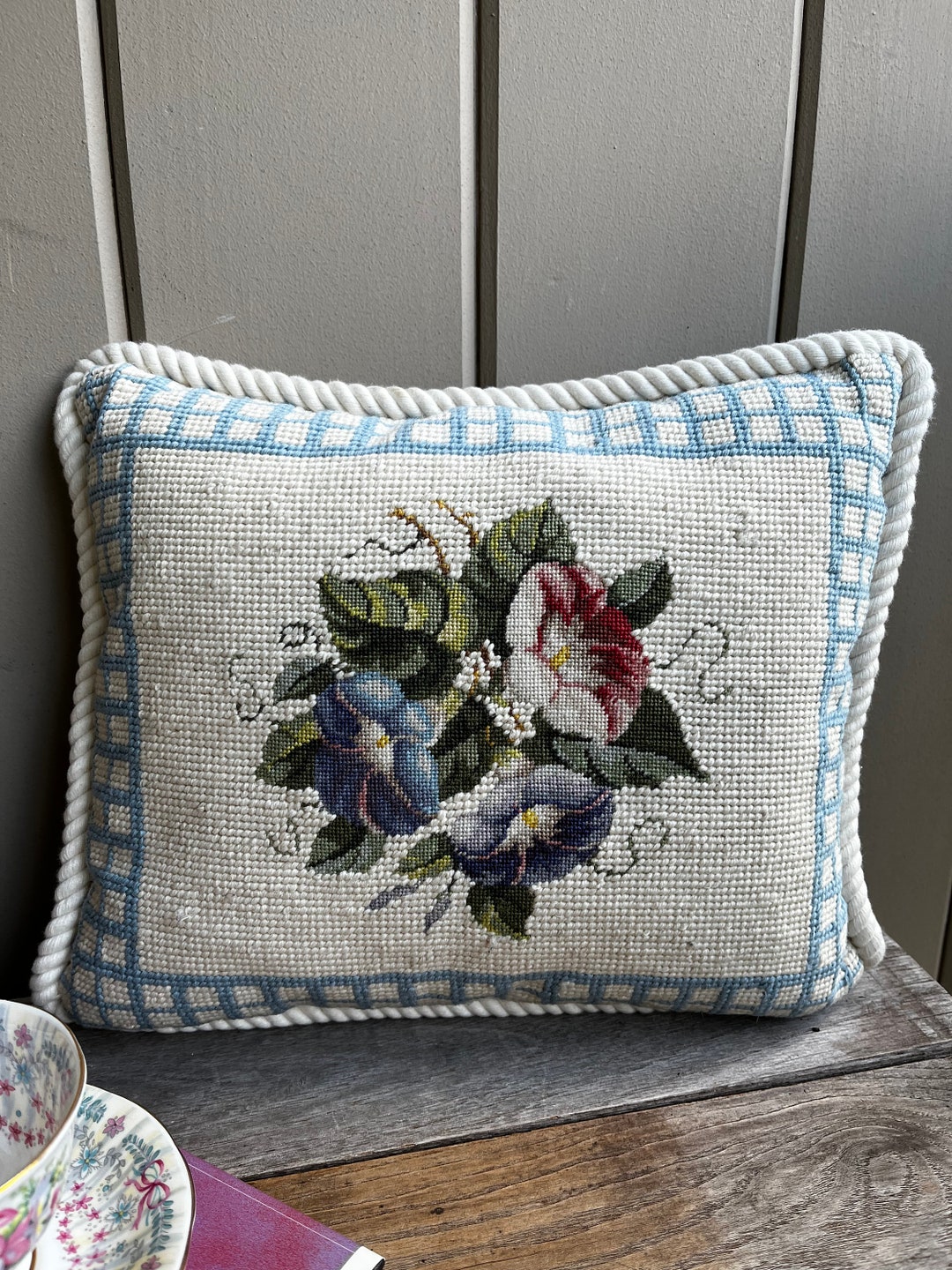 Vintage Needlepoint Pillow Floral Needlepoint Pillow Etsy