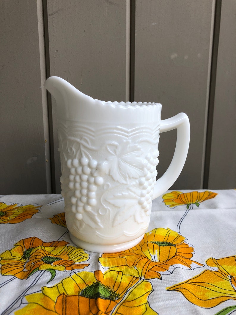 Vintage Milk Glass Pitcher Leaves and Grapes Milk Glass Etsy