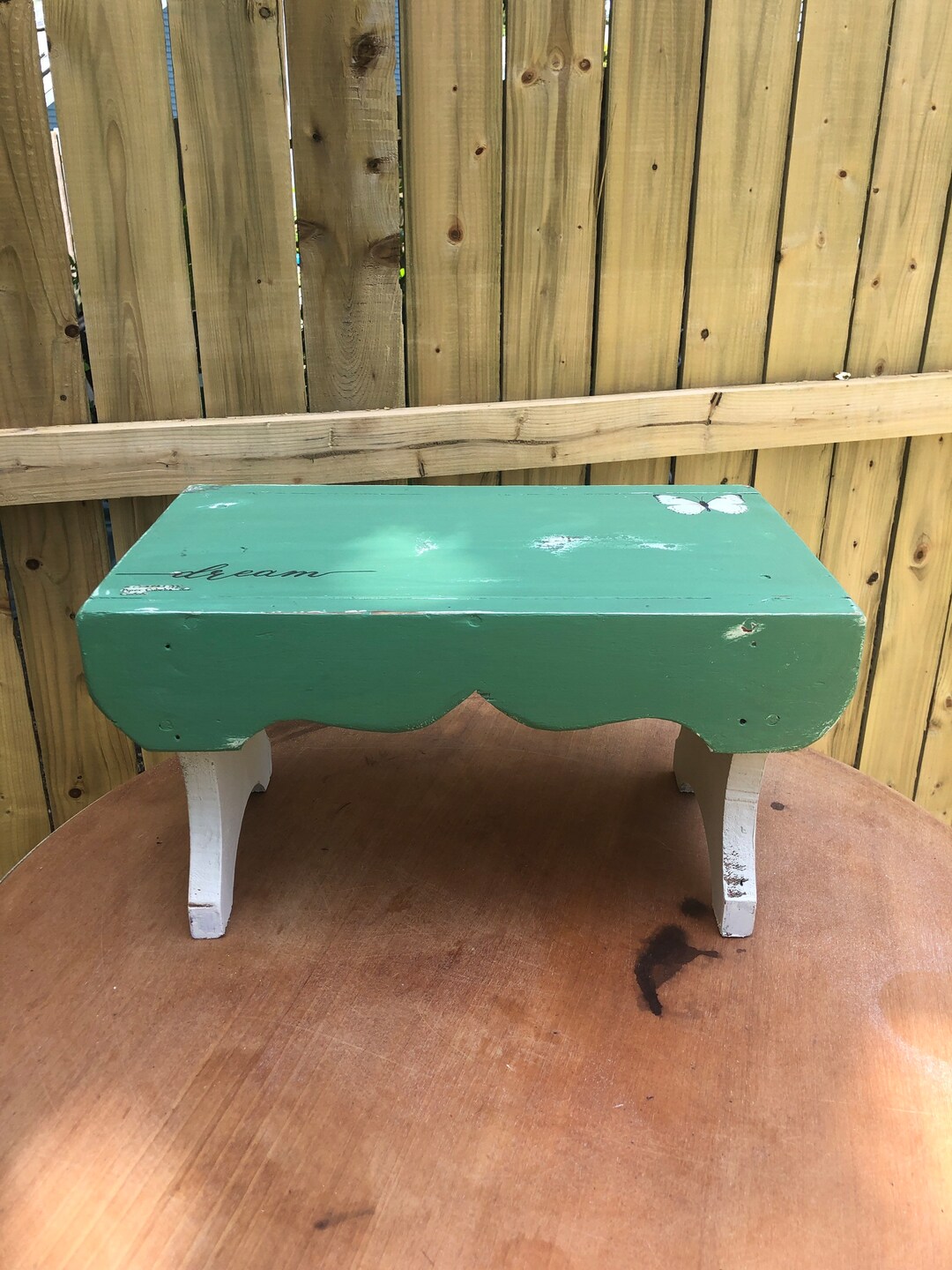 Painted Wooden Farmhouse Stool/ Green and White Stool/ Cottage Decor ...
