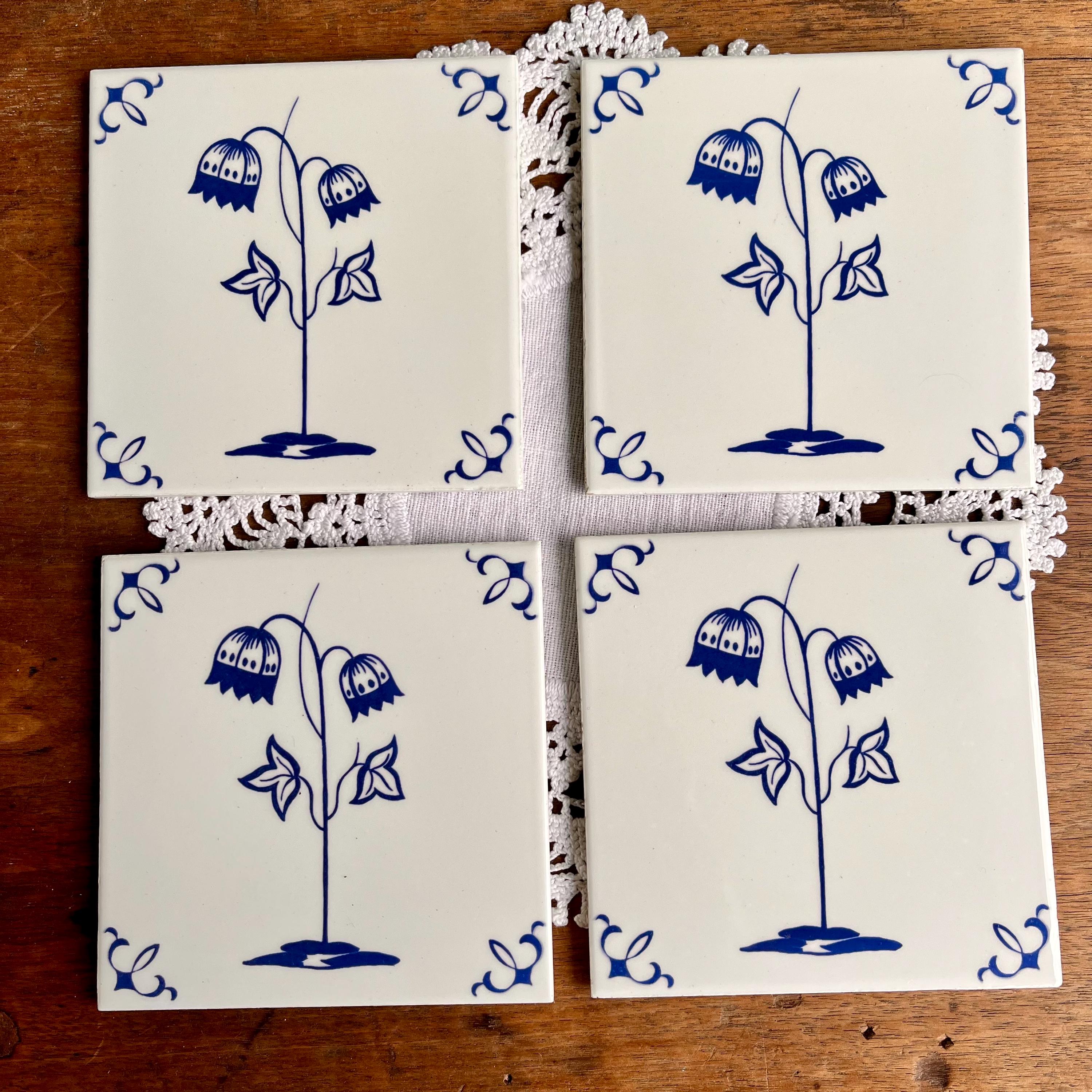 Richard Ginori Blue Delft Style Tiles: Vintage Floral Decor, Set of 4
