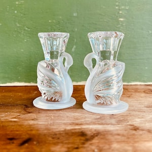 Vintage Pary-lite Crystal Frosted Swan Candleholders 1980s/ 1990s Crystal Swan Candleholders