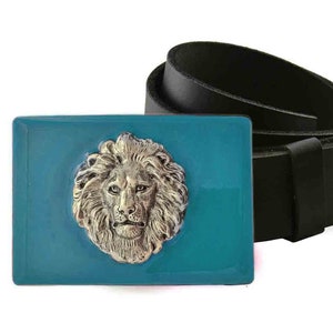 Antique Silver Lion Head Belt Buckle in Hand Painted Turquoise Enamel Belt Buckle for Snap Belts Leo Buckle with Custom Colors Available