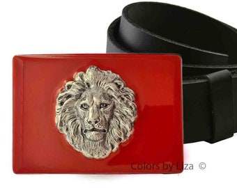 Lion Head Belt Buckle: Hand Painted Red Enamel, Antique  display picture 2