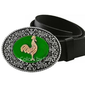 Rooster Belt Buckle: Antique Gold, Green Enamel, French Country Chic