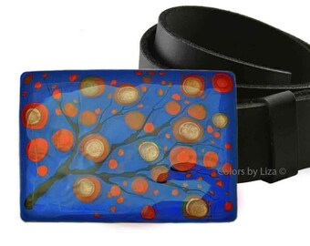 &quot;Handbemalte Blütengürtelschnalle &quot;&quot;Blau & Orange&quot;&quot;.&quot;