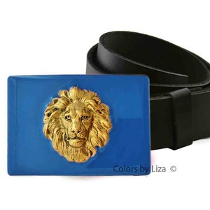 Lion Head Belt Buckle Inlaid in Glossy Blue Lapiz Opaque Hand Painted Enamel NeoClassic Inspired with Custom Colors Available