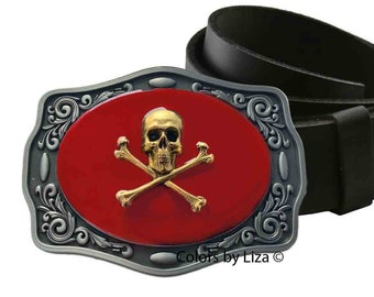 Antique Gold Skull and Crossbones Belt Buckle Inlaid in Hand Painted Glossy Red Opaque Enamel Modern Goth Custom Colors Available