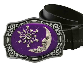 Celestial Belt Buckle Inlaid in Hand Painted Purple Enamel Cosmic Inspired Design Belt Buckle for Snap Belts with Custom Colors Available