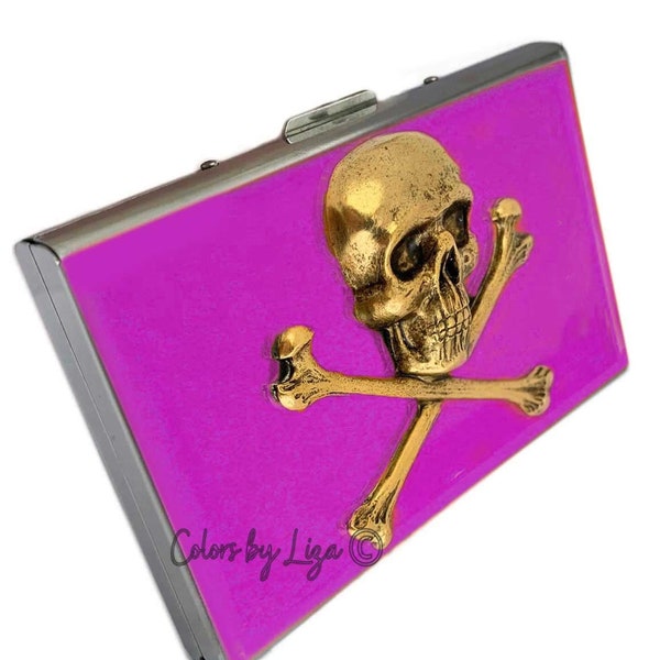 Antique Gold Skull and Crossbones Metal Wallet with Card Organizer Hand Painted Fuchsia Enamel RFID Blocker Personalized and Color Options