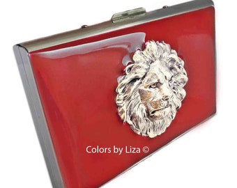 Lion Head Wallet with Credit Card Organizer RFID Blocker Hand Painted Red Opaque Enamel Leo Motif with Personalized and Color Options