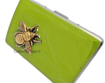 Bee Cigarette Case Inlaid in Hand Painted Chartreuse Enamel Metal Wallet Art Deco Design with Personalized and Color Options