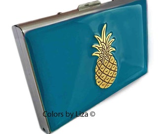 Pineapple Wallet with Credit Card Organizer in Hand Painted Turquoise Opaque Enamel Tropical Fruit Motif Personalize and Color Options