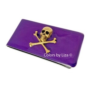 Skull and Crossbones Money Clip inlaid in Hand Painted Orchid Opaque Enamel with Personalized and Assorted Color Options Available