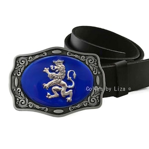 Rampant Lion Belt Buckle Inlaid in Hand Painted Cobalt Blue Opaque Enamel Neo Victorian Leo Design with Custom Colors Available