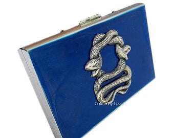 Serpent Wallet with Card Organizer and RFID Blocker in Hand Painted Cobalt Blue Enamel Gothic Snake Motif Personalized and Color Options