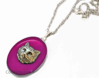 Cat Locket in Hand Painted Glossy Fuchsia Enamel Vintage Style Pets Inspired with Personalized and Color Options