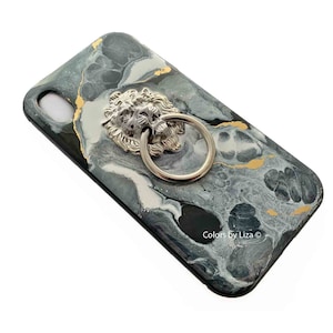 Silver Lion Head Door Knocker Phone Case in Hand Painted Zebra Jasper Design for Galaxy or Iphone with Assorted Color Options Available