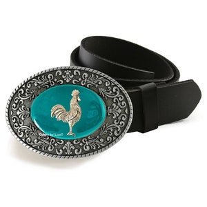 Rooster Belt Buckle Inlaid in Hand Painted Gossy Teal Enamel Belt Buckle Art Nouveau Design with Custom Colors Available
