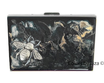 Queen Bee Credit Card Wallet with Organizer Hand Painted Black Quartz Inspired Enamel RFID Blocker Personalize and Color Options