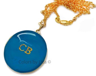 Initials with Rhinestone Locket in Hand Painted Turquoise Opaque Enamel Personalized Necklace Up To 4 Letter Choices and Color Options