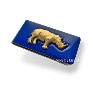 Antique Gold Rhino Money Clip Pintado a mano Esmalte opaco azul cobalto brillante Estilo vintage con opciones personalizadas y de color