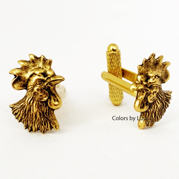 Rooster Heads Cufflinks Vintage Style Antique Gold Plated Art Deco Inspired Accessories with Tie Pin and Tie Clip Set Options