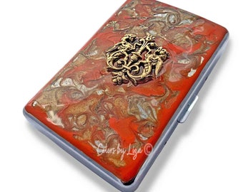 Dragon Crest Cigarette Case in Hand Painted Orange and Gold Enamel Quartz Inspired Medieval Metal Wallet with Color and Personalized Options