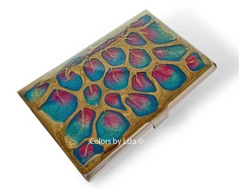 Hand Painted Enamel Business Card Case: Peacock Inspired, Personalized