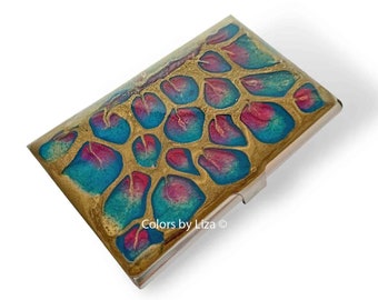 Peacock Inspired Business Card Case in Hand Painted Enamel Fuchsia Turquoise and Gold with Personalized and Custom Color Options