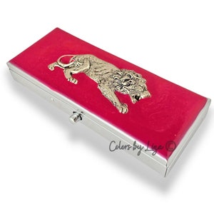 Lion Pill Box: Fuchsia Enamel, Personalized Compact with Mirror