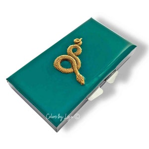 Antique Gold Snake Pill Case with 7 Sections in Hand Painted Teal Opaque Serpent Design Vintage Inspired with Color and Personalized Options