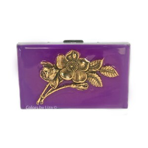 Jugendstil Blumen Metall Portemonnaie mit Kreditkarten Organizer Handbemalt Lila Orchidee Emaille RFID Blocker personalisiert und Farboptionen