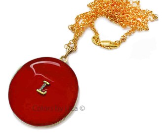 Initials with Rhinestone Locket in Hand Painted Red Opaque Enamel Personalized Necklace Up To 4 Letter Choices and Color Options