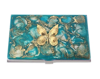 Butterfly Business Card Case Inlaid in Hand Painted Enamel Turquoise Quartz Inspired Art Nouveau Design with Color and Personalized Options