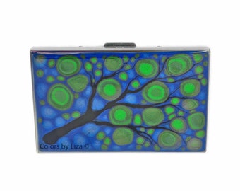 Blossom Metal Wallet with Credit Card Organizer RFID Blocker Hand Painted Green and Blue Enamel with Custom Colors and Personalized Options