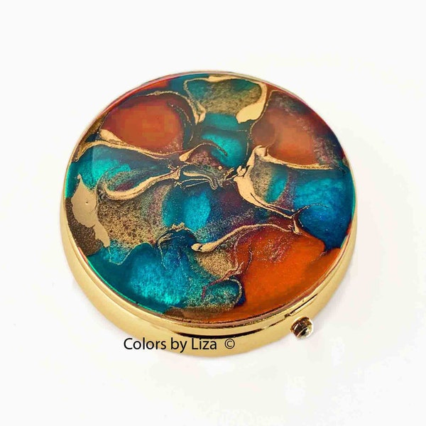 Marble Design Pill Case in Hand Painted Turquoise Orange and Gold Enamel Quartz Inspired Glossy Finish with Personalize and Color Option
