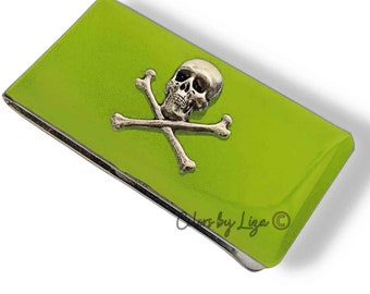 Skull and Crossbones Money Clip inlaid in Hand Painted Chartreuse Enamel with Personalized and Assorted Color Options Available