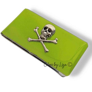 Skull & Crossbones Money Clip: Hand Painted Chartreuse Enamel, Personalized Option
