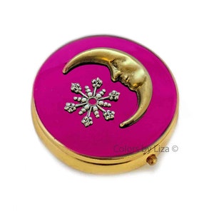 Celestial Pill Box Inlaid in Hand Painted Berry Pink Enamel Art Nouveau Moon and Star Motif with Personalize and Color Options Available