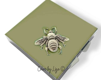 Bee Pill Box with 4 Compartments in Hand Painted Taupe Opaque Enamel Art Nouveau Insect with Personalized and Color Option