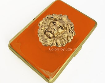 Lion Head Gold Cigarette Case Inlaid in Hand Painted Orange Opaque Enamel Metal Wallet with Personalize Color Options