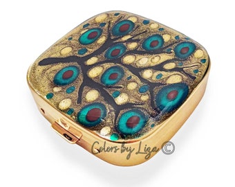 Porta-comprimidos de esmalte pintado à mão: flor vermelha azul-petróleo, estojo de viagem dourado, opção personalizada