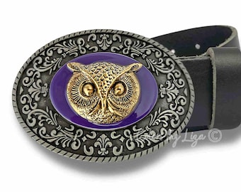 アンティークゴールドのフクロウのベルトバックル：手描きのエナメル
