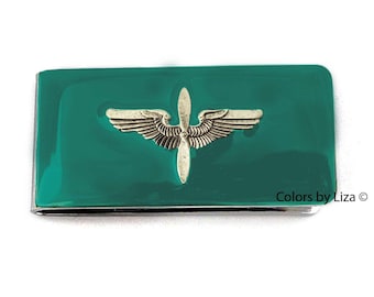 Propeller with Wings Money Clip inlaid in Hand Painted Teal Opaque Enamel Military Insignia with Personalized and Assorted Color Options