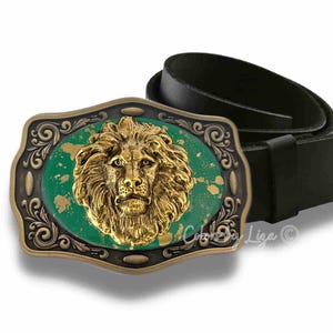 Antique Gold Lion Belt Buckle Inlaid in Hand Painted Red Opaque Enamel Vintage Style Leo Design with Custom Colors Available