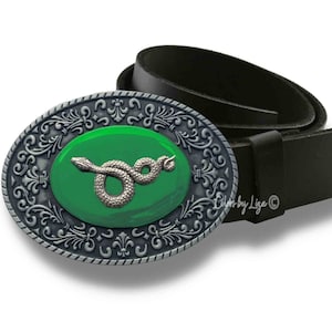 Snake Belt Buckle Inlaid in Hand Painted Green Enamel Belt Buckle for Snap Belts Serpent Design with Custom Colors Available