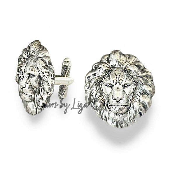 Neoclassic Lion Head Cufflinks Antique Silver Leo Design Art Deco Inspired with Tie Clip and Tie Pin Set Options
